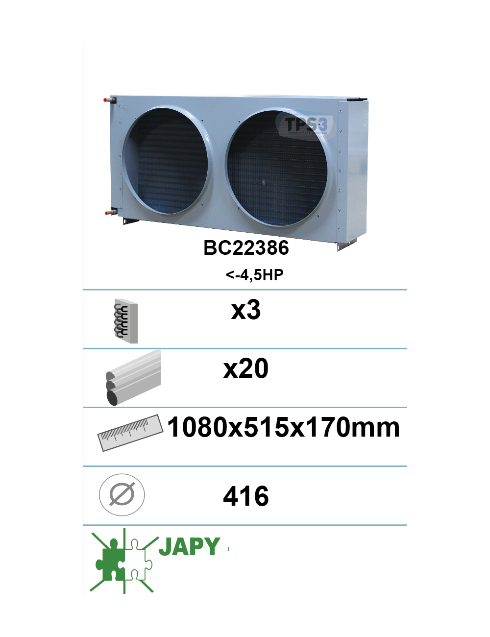 Condenseur avec traitement époxy 3 nappes 20 tubes  BC2 2386