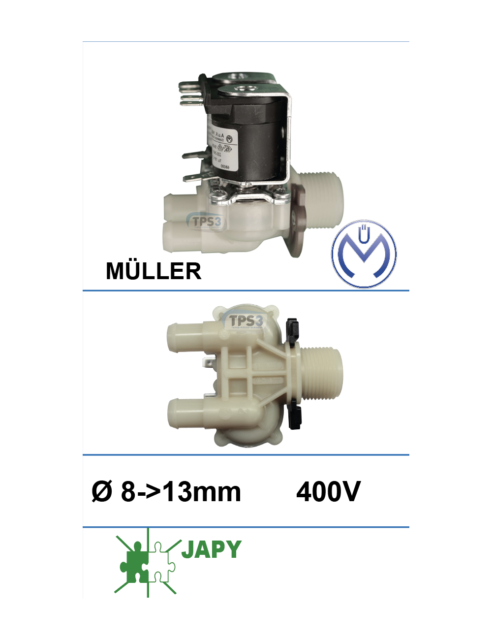 Electrovanne d'arrivée d'eau double droite Müller 400V DN 8-13