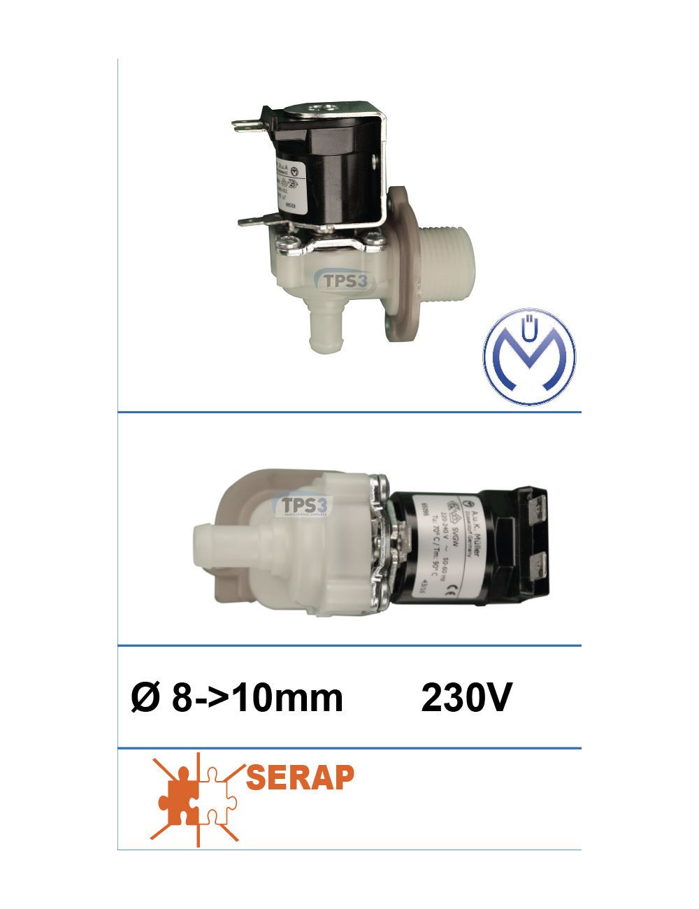 Electrovanne d'arrivée d'eau simple coudée Müller 230V DN 8-10