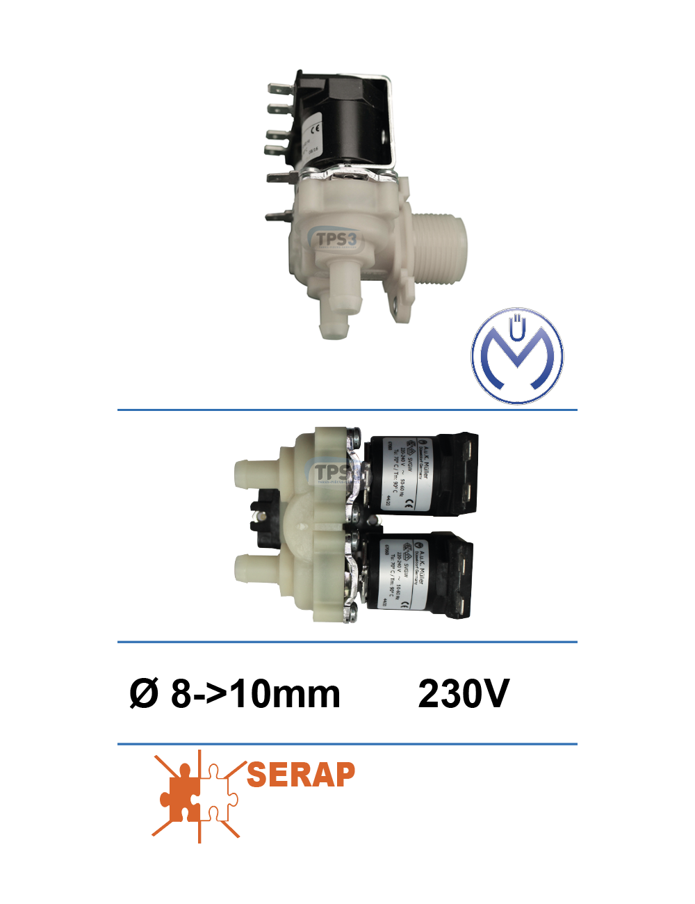 Electrovanne d'arrivée d'eau double coudée Müller 230V DN 8-10