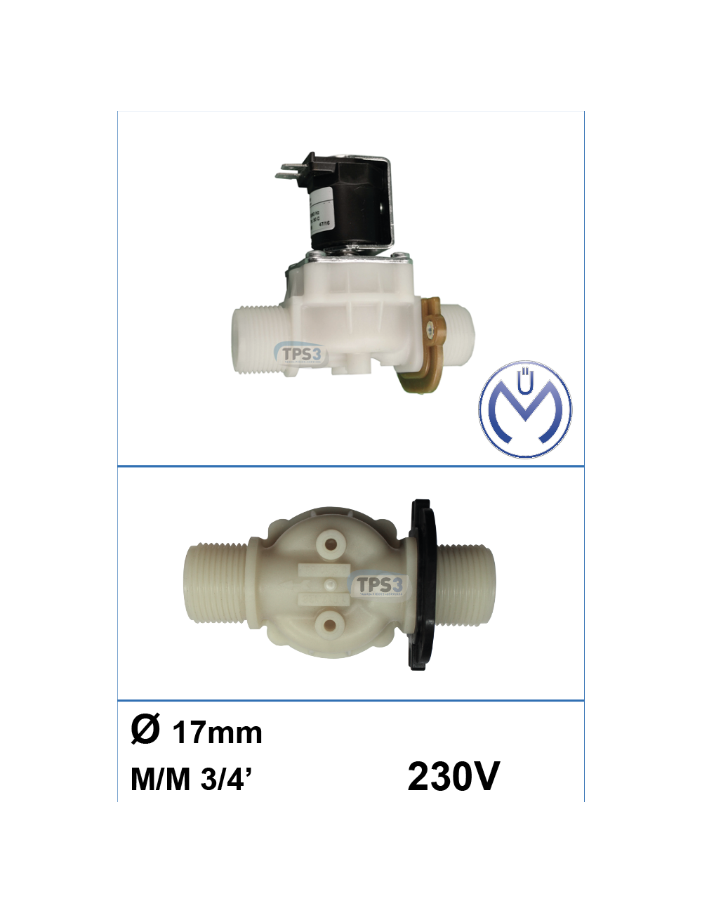 Electrovanne d'arrivée d'eau simple droite Müller 230V DN 3/4 mâle/mâle Ø17mm