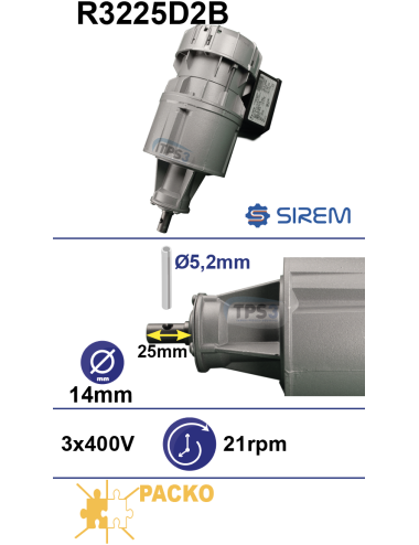 Motoréducteur R3225D2B 21tr/min arbre D:14mm L:25mm goupille 5,2mm