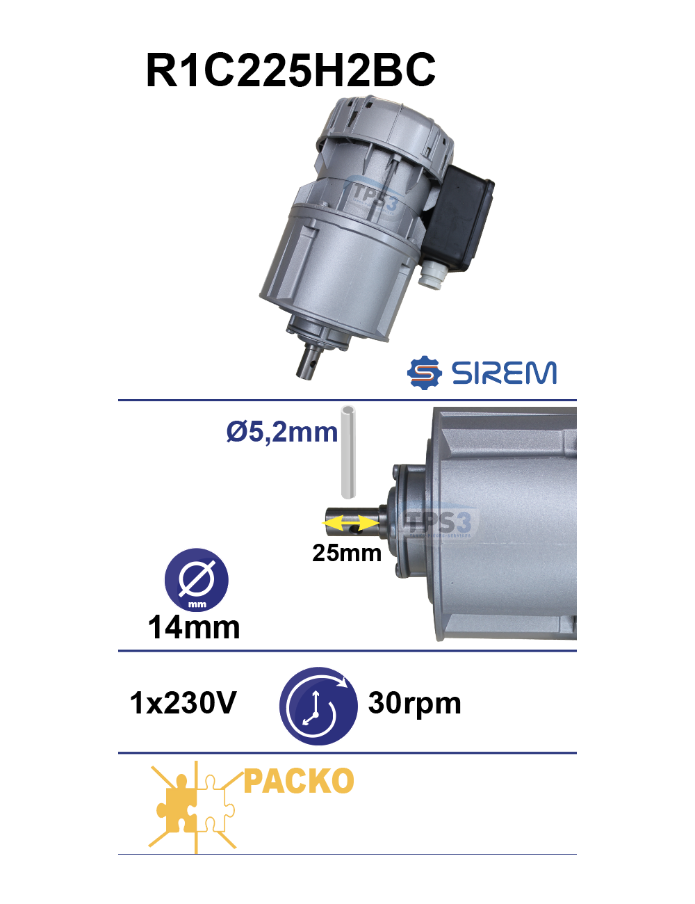 Motoréducteur R1C225H2BC 230V 30tr/min arbre D14 L:25