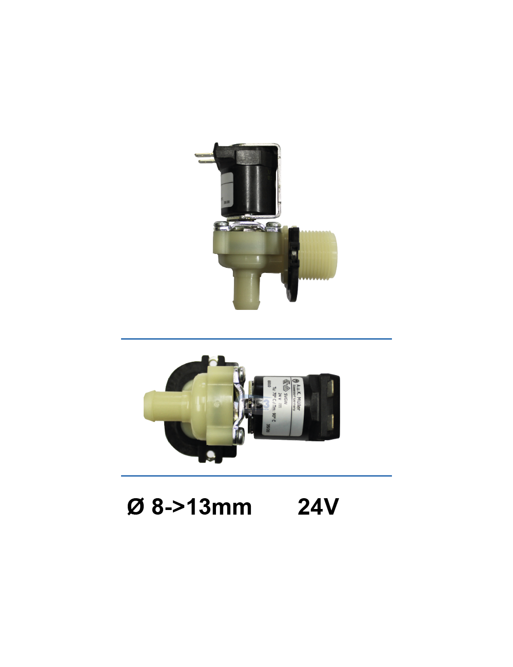 Electrovanne d'arrivée d'eau simple coudée Müller 24 V DC DN 8-13