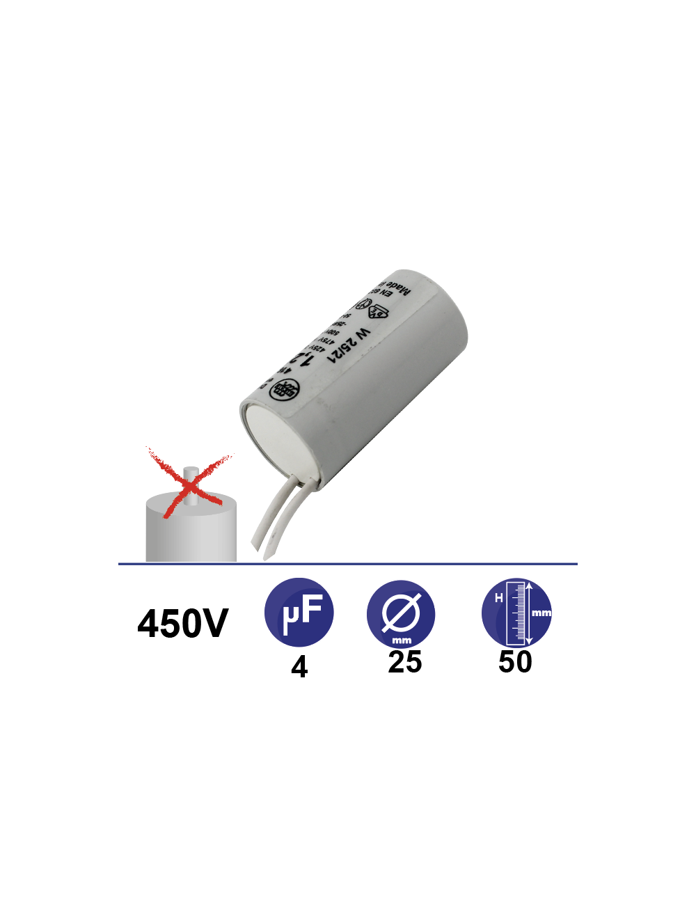 Condensateur 1,25µF 450V sans vis 2 fils longueur 150mm