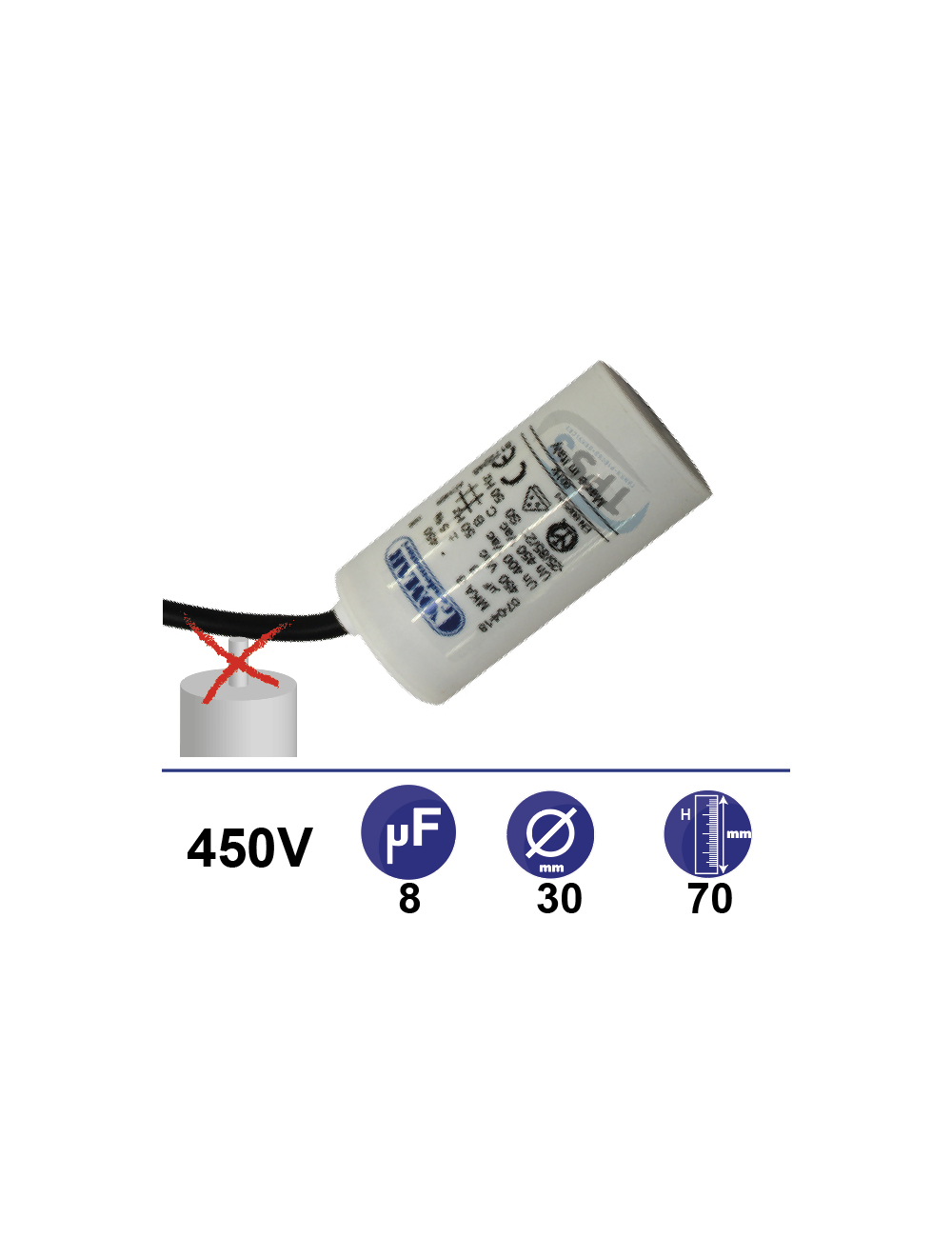 Condensateur 8µF 450V sans tige de fixation