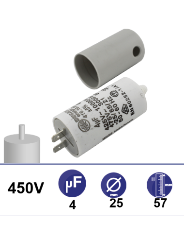 Condensateur 4µF 450V avec tige de fixation et capuchon connectique par cosse