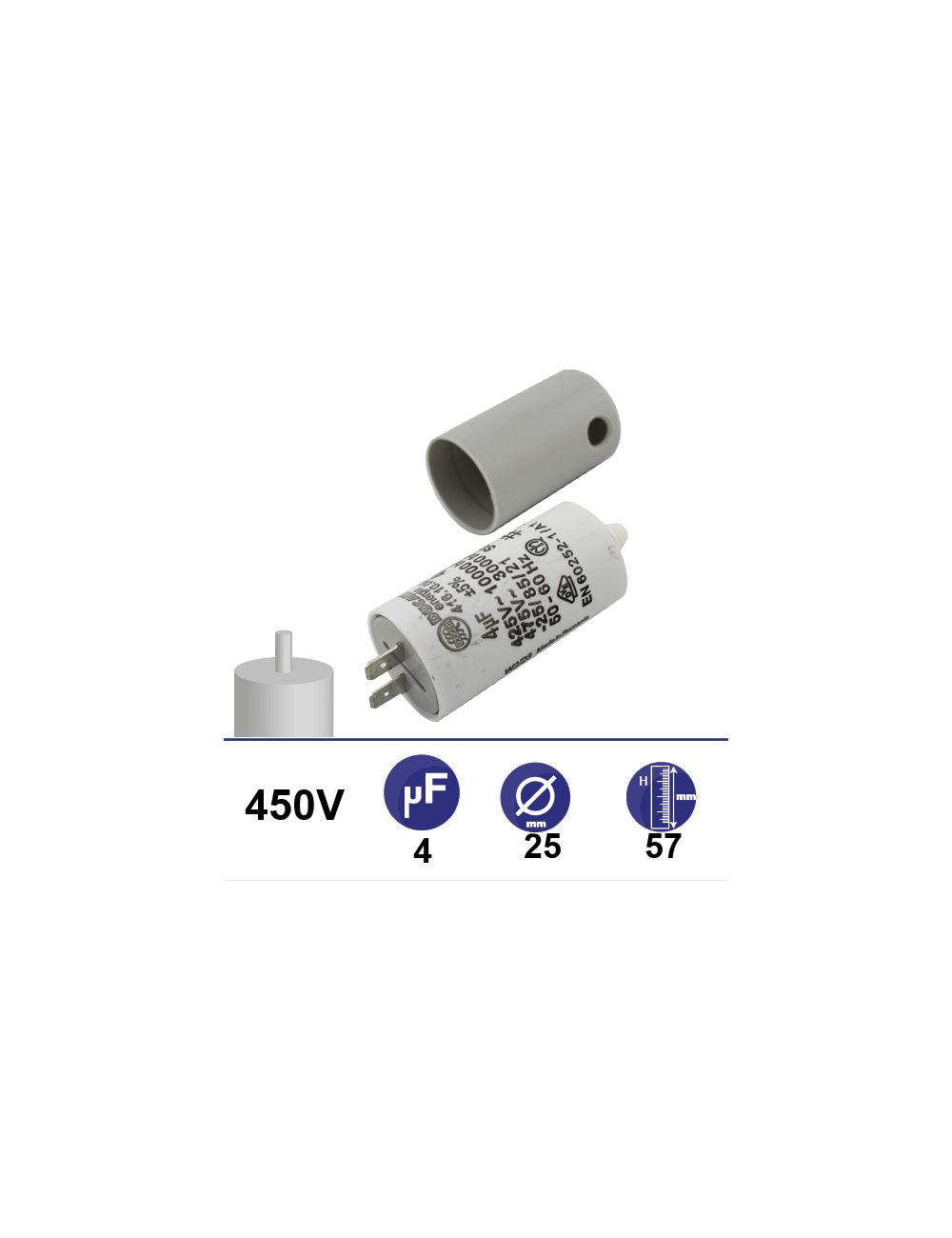 Condensateur 4µF 450V avec tige de fixation et capuchon connectique par cosse