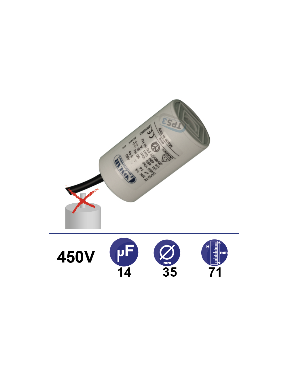 Condensateur 14µF 450V sans tige de fixation
