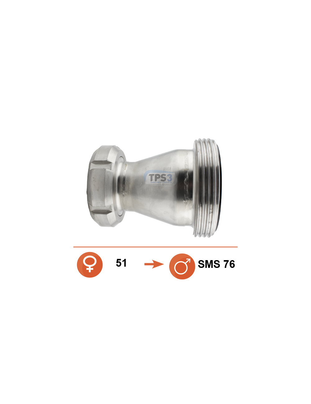 Réduction inox mâle SMS Ø76 / femelle SMS Ø51