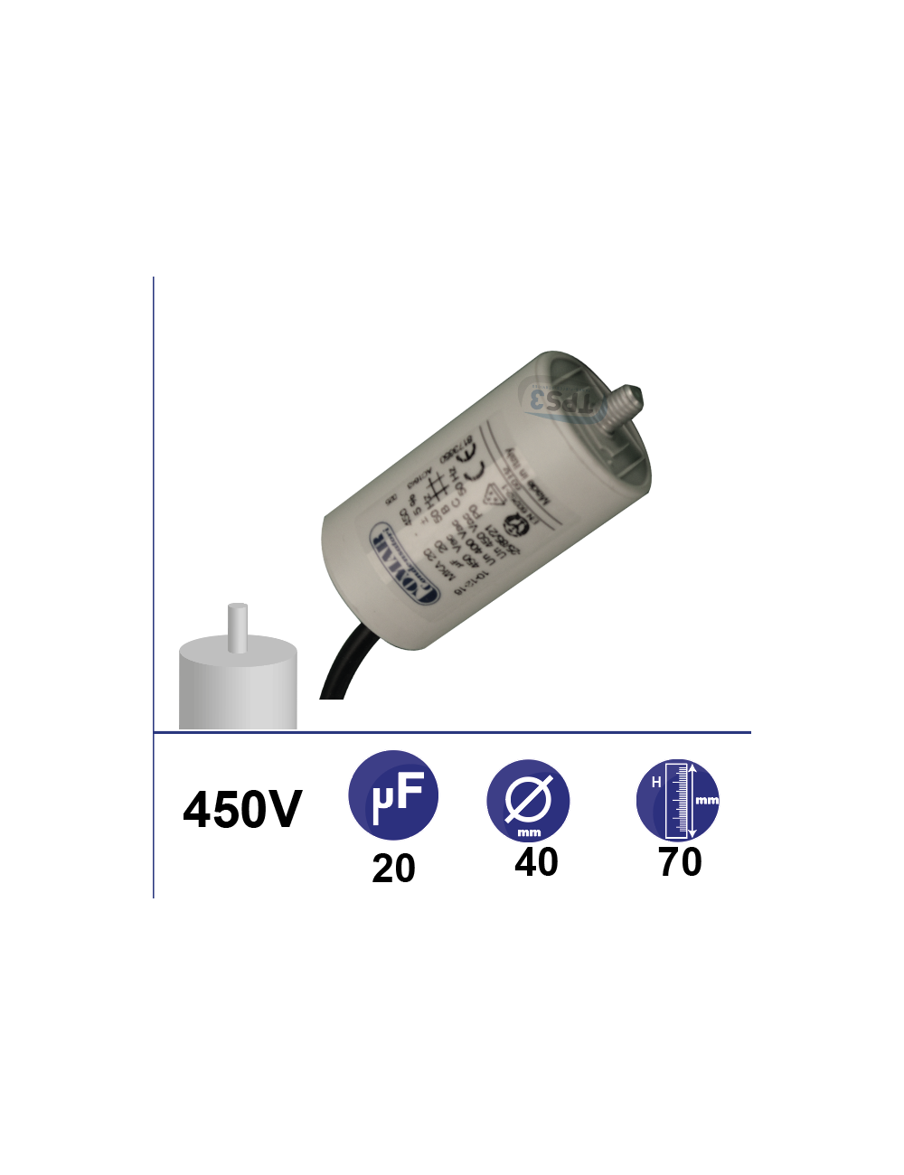Condensateur 20µF 450V avec tige de fixation