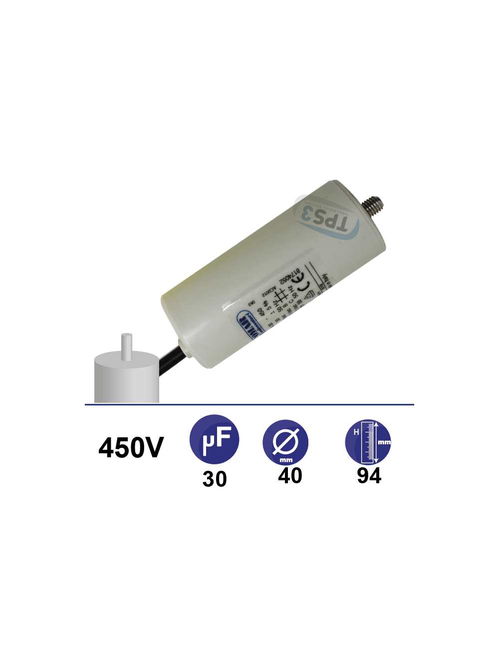 Condensateur 30µF 450V avec tige de fixation