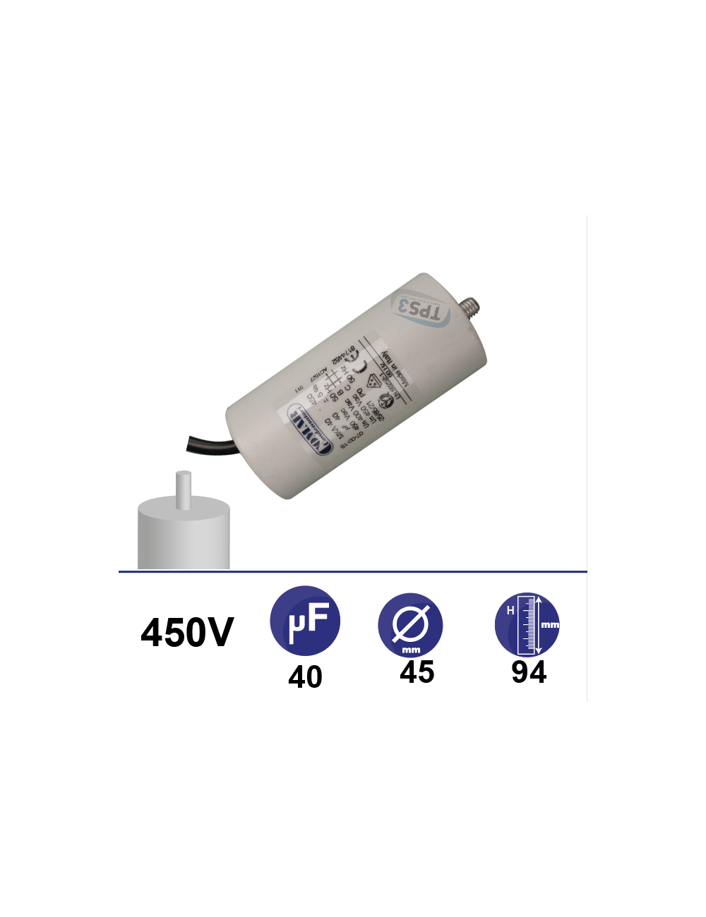 Condensateur 40µF 450V avec tige de fixation