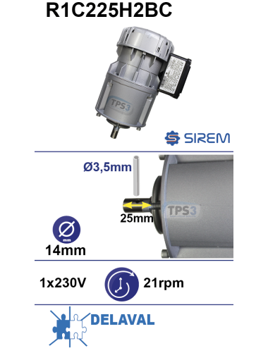 Motoréducteur R1C225H2BC 21t/min arbre D:14 L:25 goupille 3,5mm